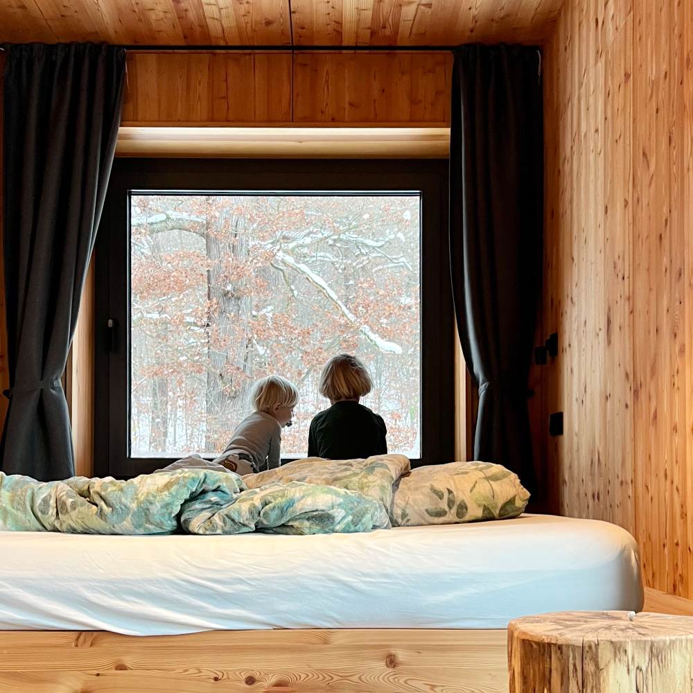 soveværelse med dobbeltseng med udsigt til skoven